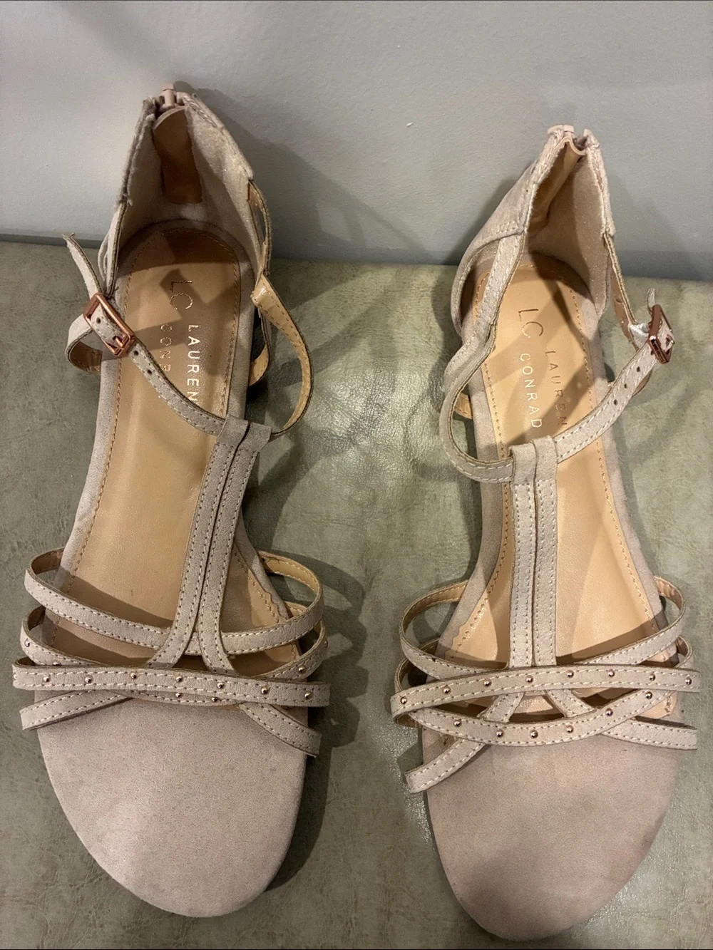 LC Lauren Conrad Taupe Suede Strappy Heeled Sandals
